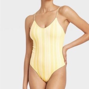 Colsie Women's Medium Yellow White Striped Spaghetti Strap Tank Top Bodysuit
